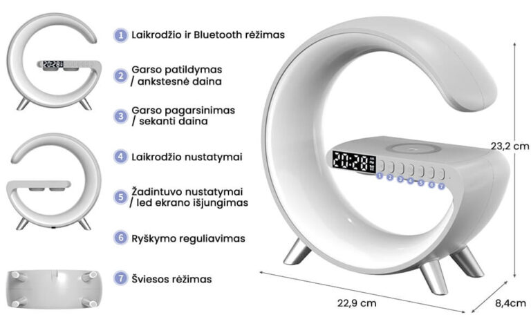 LED лампа с безжично зарядно за телефон, високоговорител и будилник Užsisakykite Trendai.lt 8